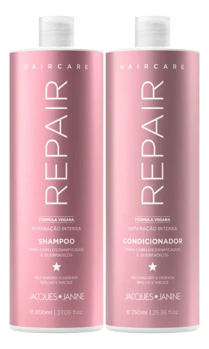 Jacques Janine Repair Shampoo Sem Sal 800ml Condicionador Leave-in 750ml Reparação Intensa Reconstrução Hidratação Brilho Maciez